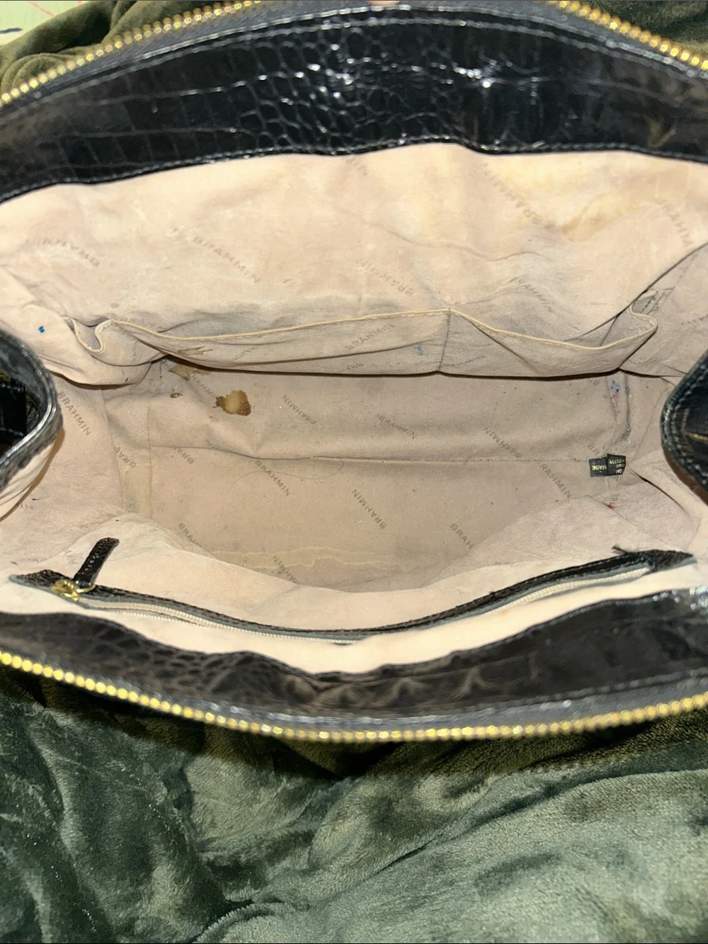 Brahmin Black Croc-Embossed Satchel with Gold Hardware